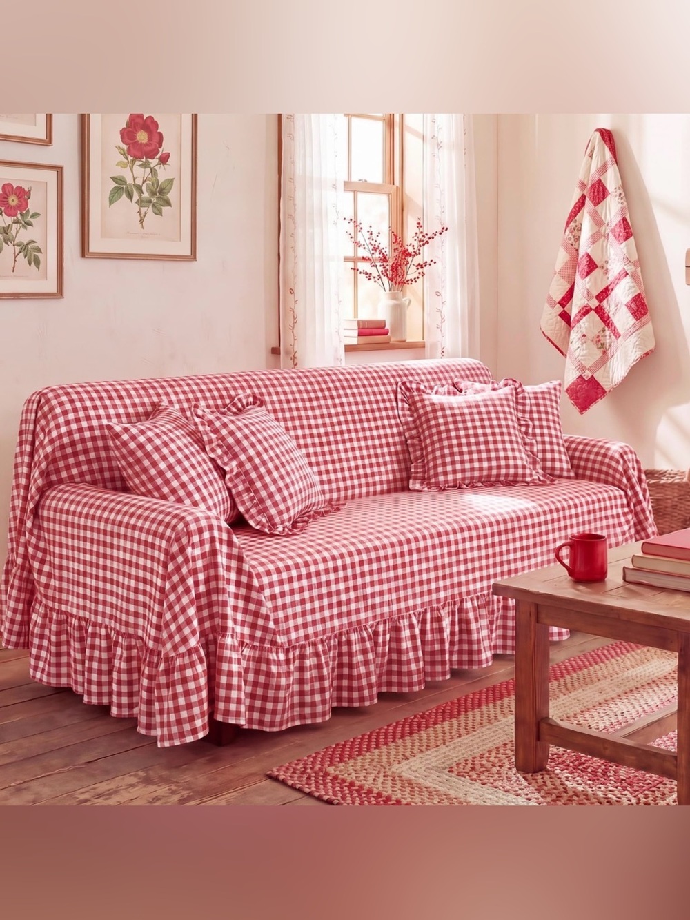 Red Gingham Sofa Slipcover with Ruffle Skirt